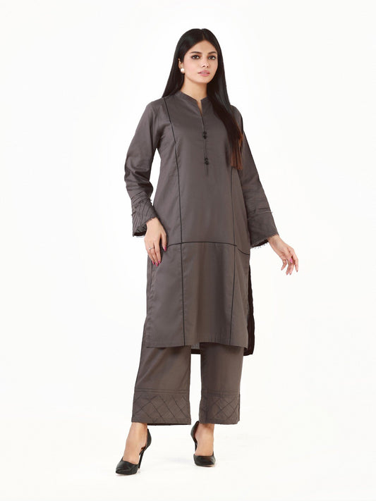 Edenrobe - Grey Plain Shirt Trouser Co-Ord Set - EWTK22-68127 (2-Pcs)