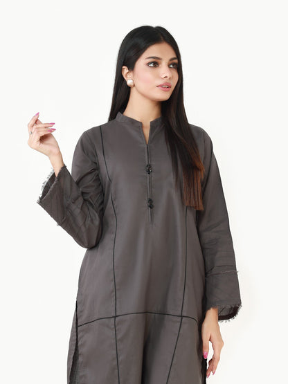 Edenrobe - Grey Plain Shirt Trouser Co-Ord Set - EWTK22-68127 (2-Pcs)