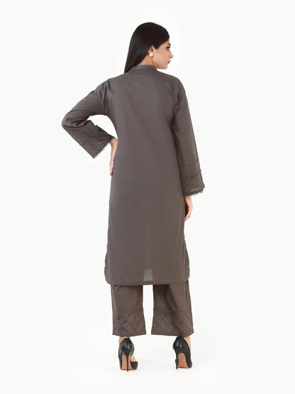 Edenrobe - Grey Plain Shirt Trouser Co-Ord Set - EWTK22-68127 (2-Pcs)