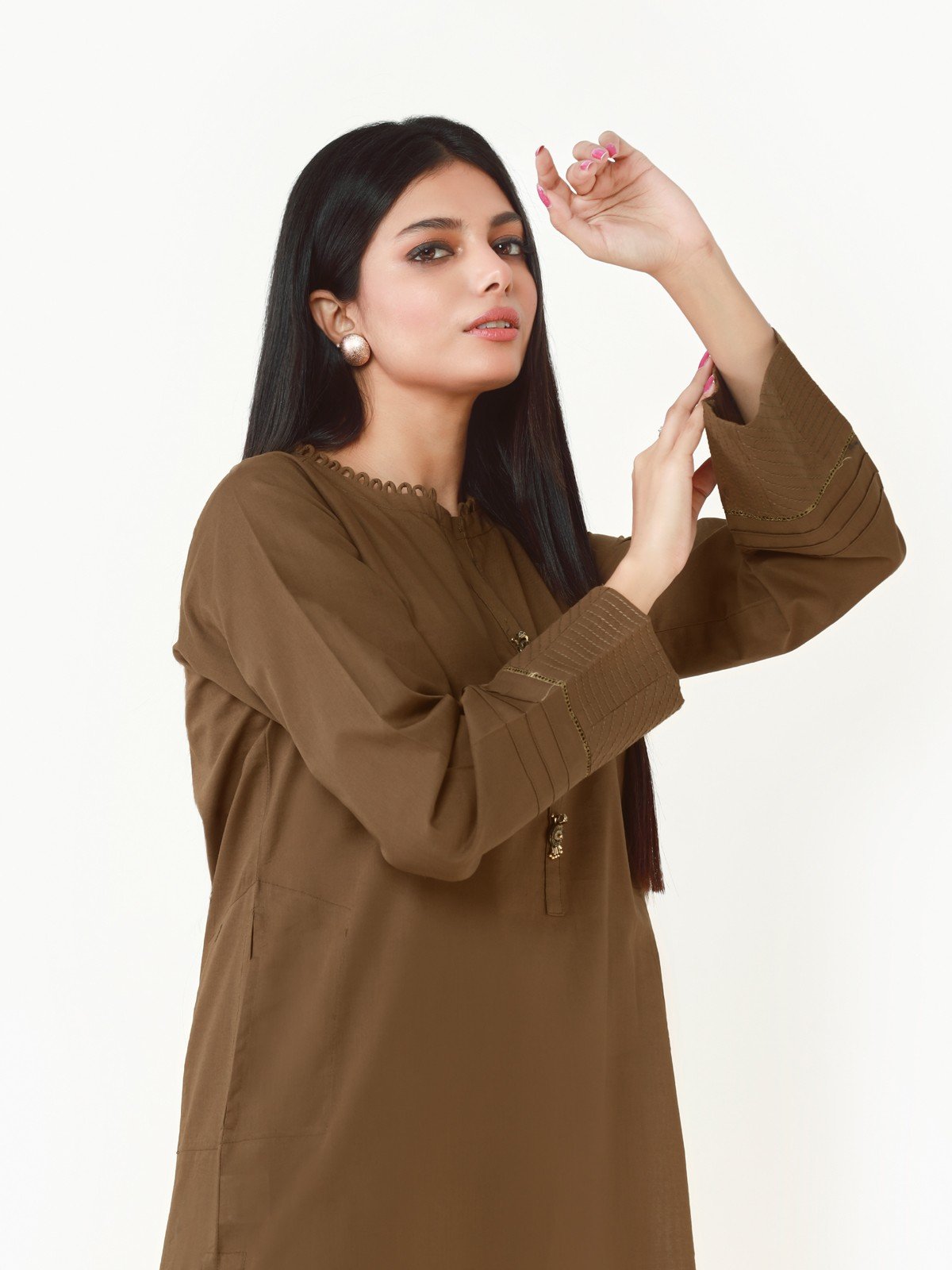 Edenrobe - Mehndi Plain Shirt Trouser Co-Ord Set - EWTK22-68134 (2-Pcs)