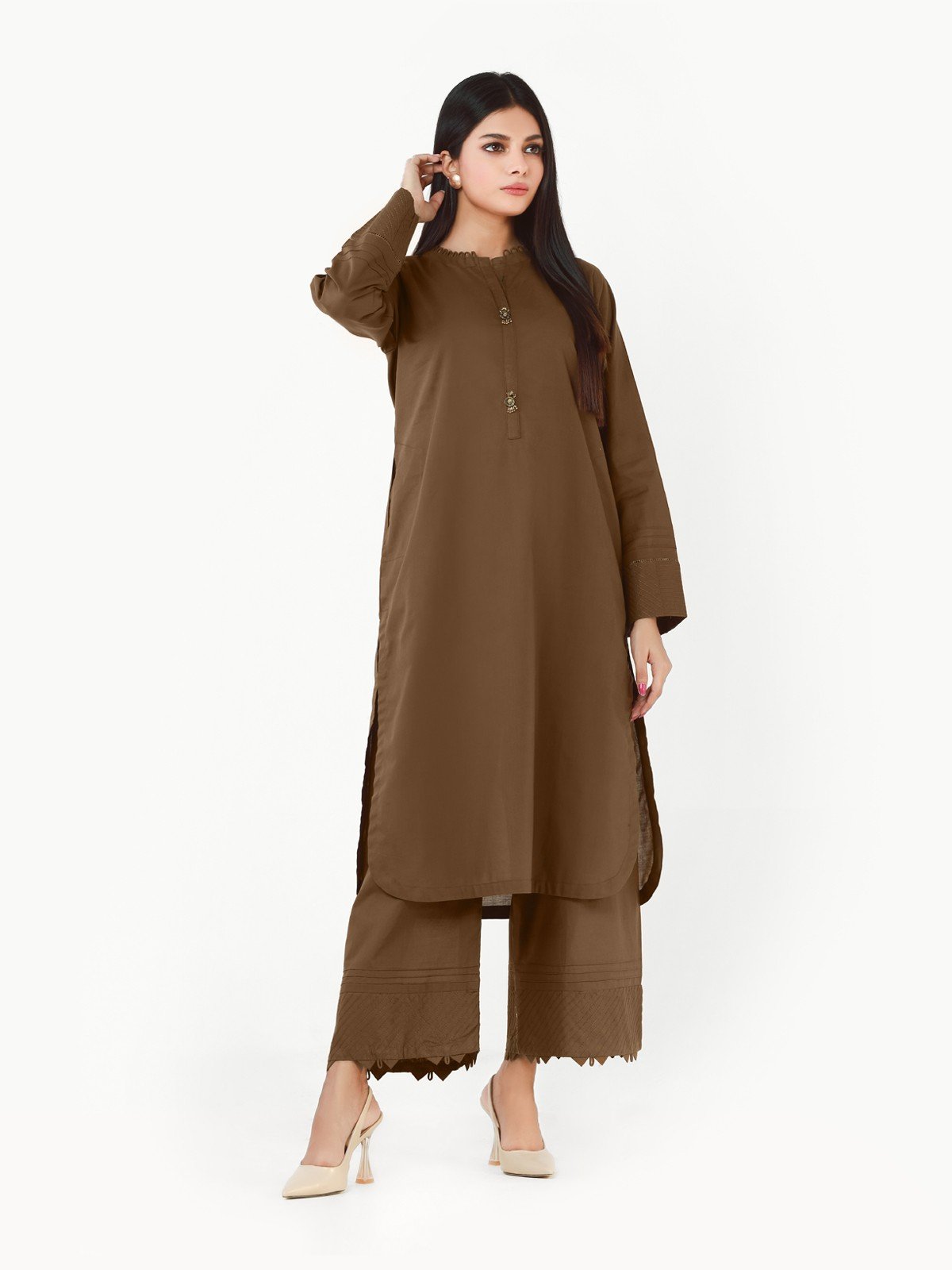 Edenrobe - Mehndi Plain Shirt Trouser Co-Ord Set - EWTK22-68134 (2-Pcs)