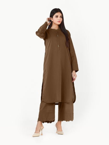 Edenrobe - Mehndi Plain Shirt Trouser Co-Ord Set - EWTK22-68134 (2-Pcs)