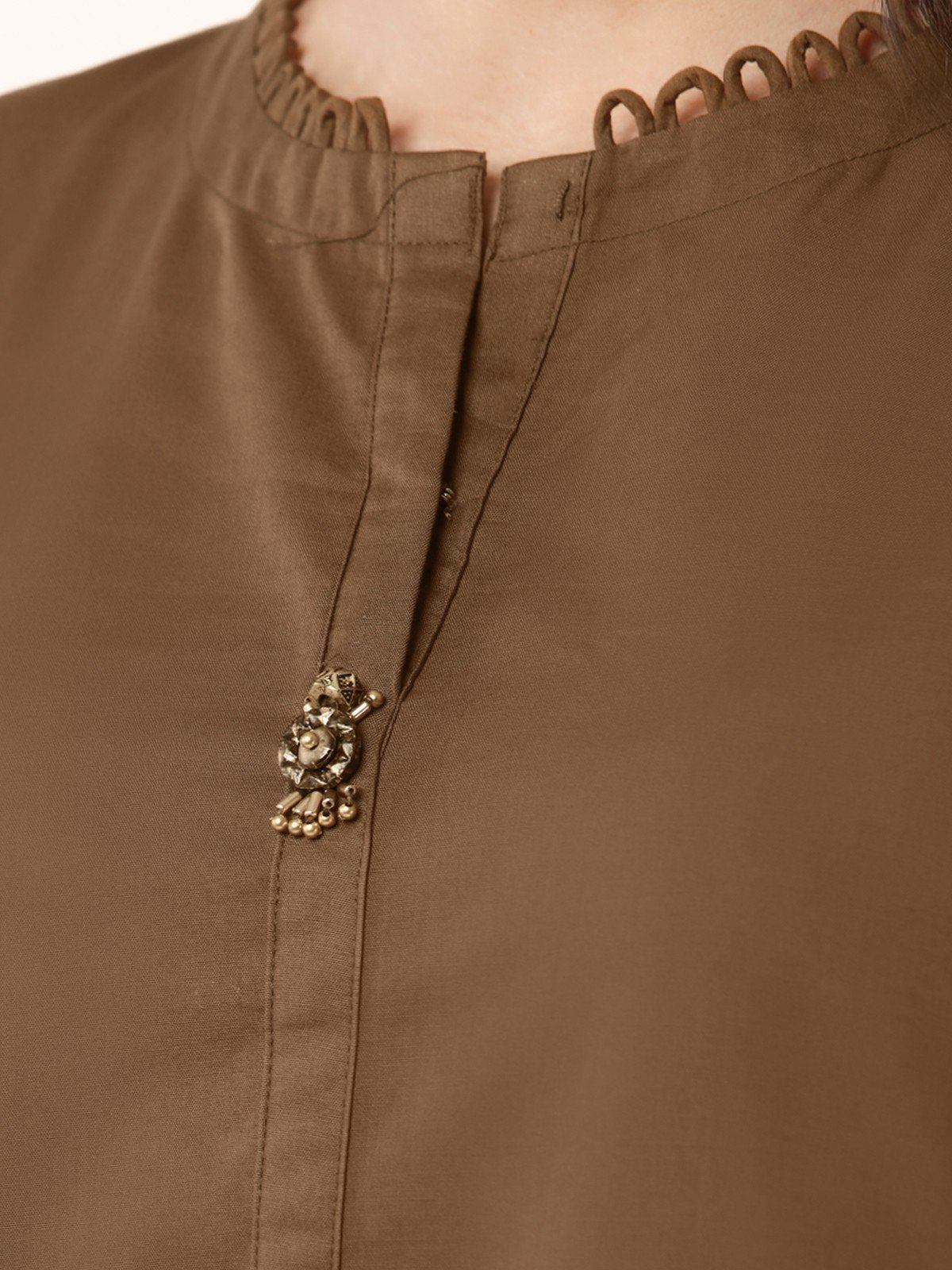 Edenrobe - Mehndi Plain Shirt Trouser Co-Ord Set - EWTK22-68134 (2-Pcs)