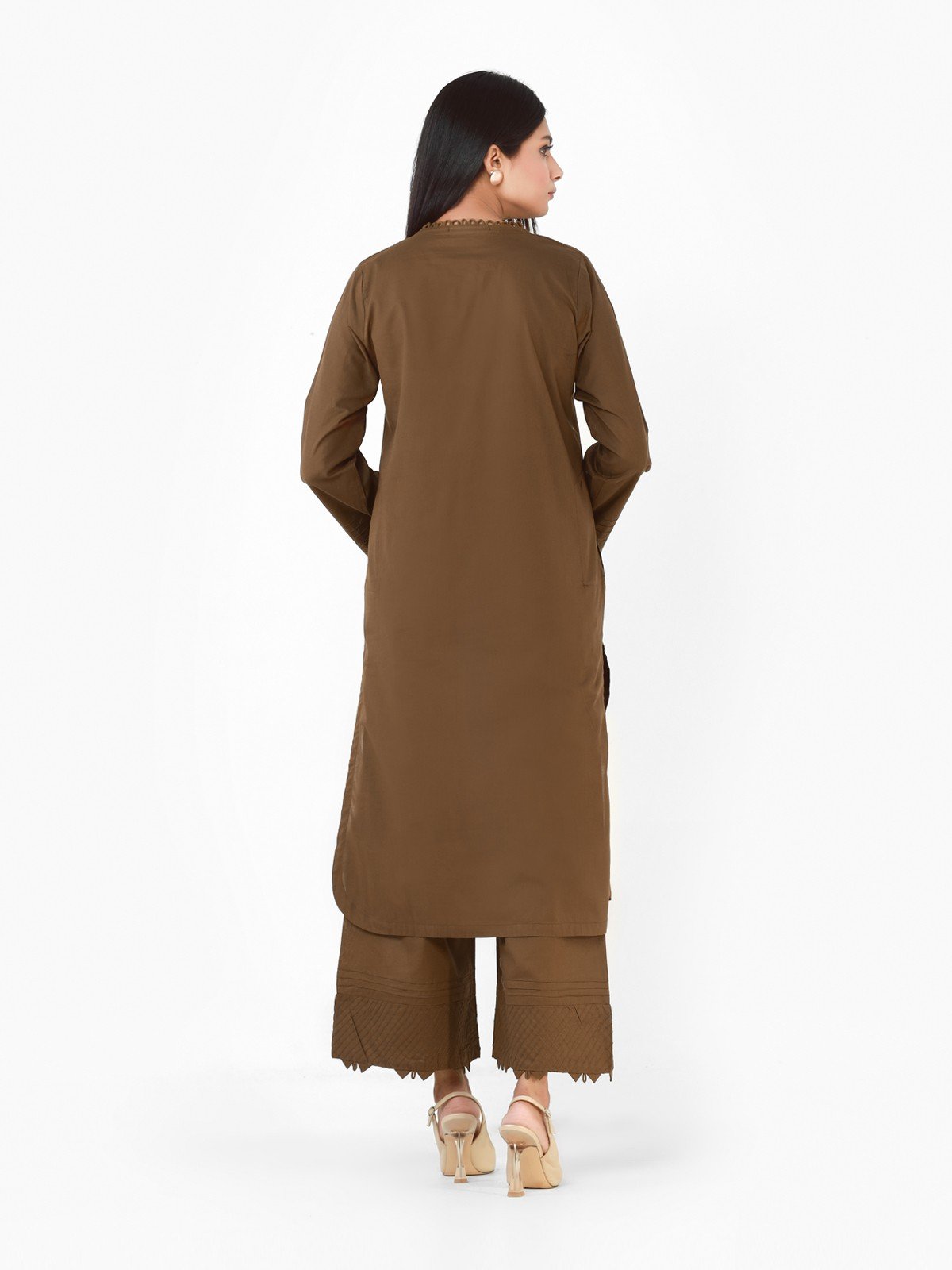 Edenrobe - Mehndi Plain Shirt Trouser Co-Ord Set - EWTK22-68134 (2-Pcs)