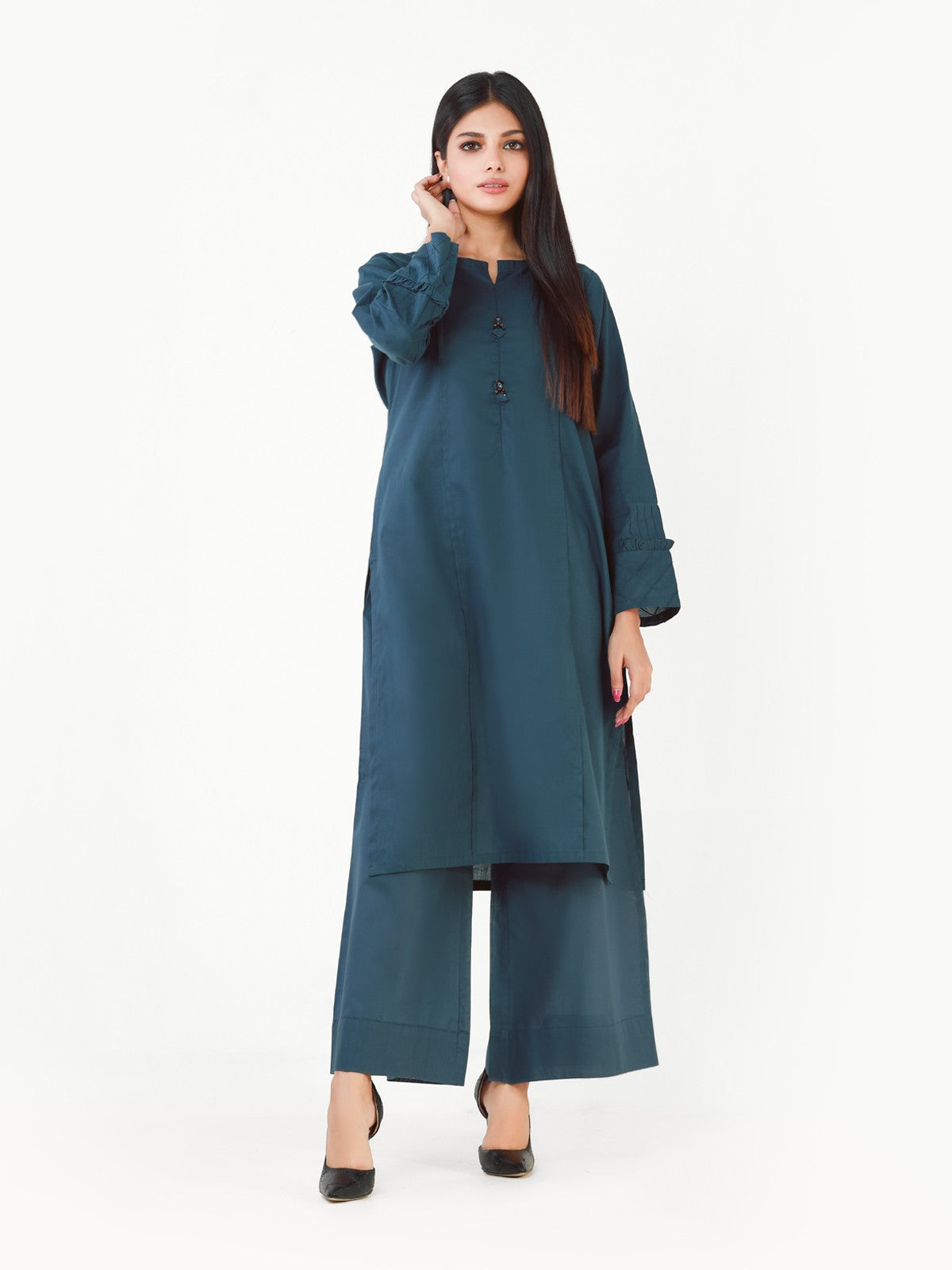 Edenrobe - Teal Plain Shirt Trouser Co-Ord Set - EWTK22-68135 (2-Pcs)