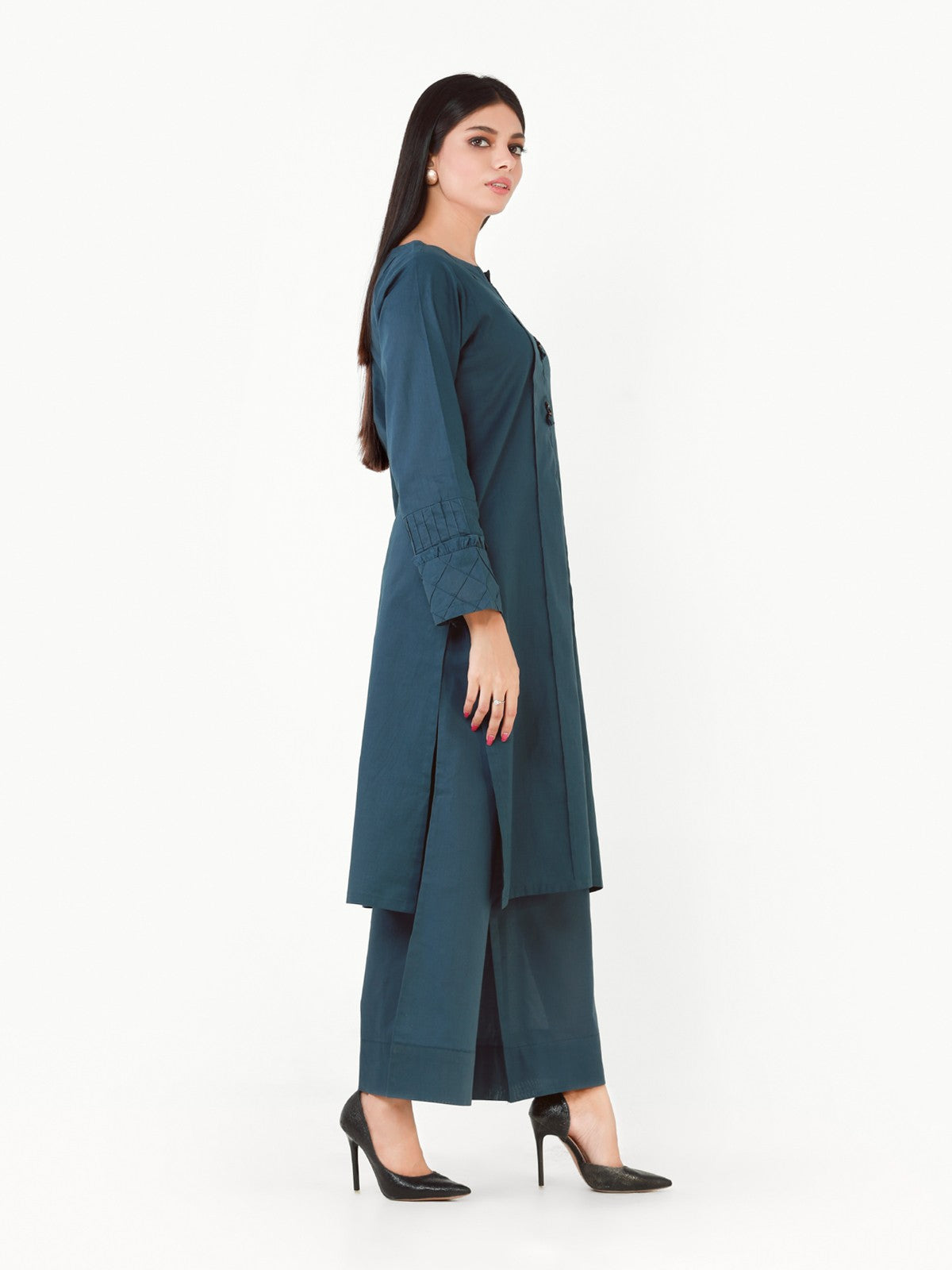 Edenrobe - Teal Plain Shirt Trouser Co-Ord Set - EWTK22-68135 (2-Pcs)
