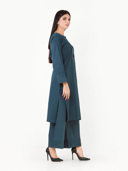 Edenrobe - Teal Plain Shirt Trouser Co-Ord Set - EWTK22-68135 (2-Pcs)
