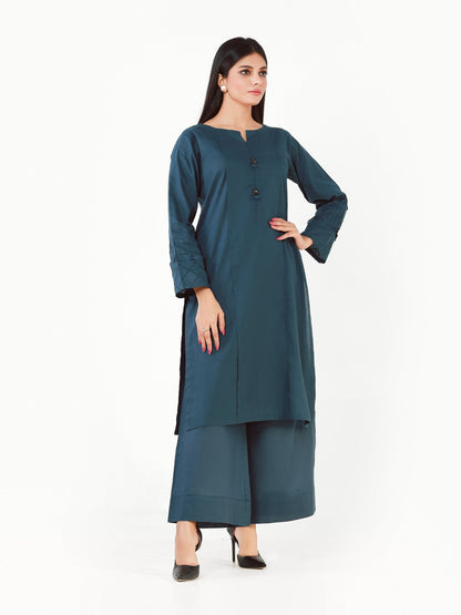 Edenrobe - Teal Plain Shirt Trouser Co-Ord Set - EWTK22-68135 (2-Pcs)