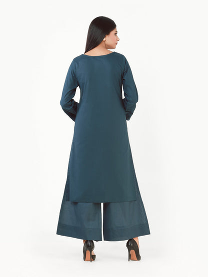 Edenrobe - Teal Plain Shirt Trouser Co-Ord Set - EWTK22-68135 (2-Pcs)