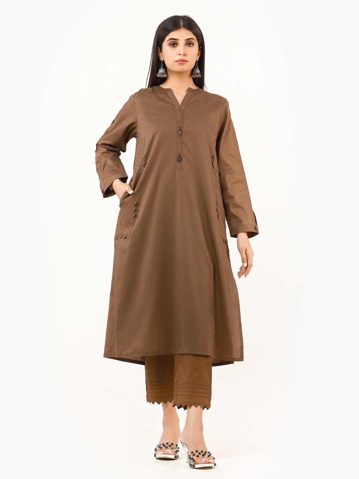 Edenrobe - Mehndi Plain Shirt Trouser Co-Ord Set - EWTK22-68210 (ST)