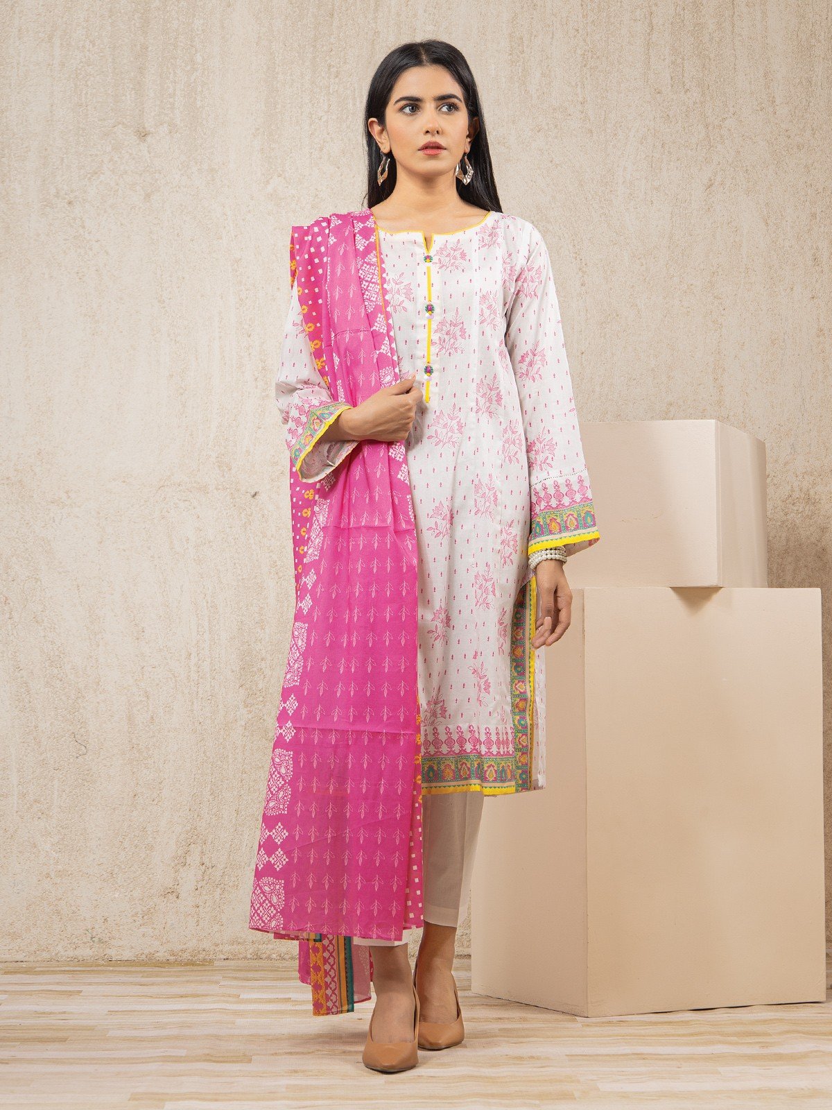 Edenrobe - EWU22A1-23449SD Unstitched Pink & White Printed Lawn 2 Piece