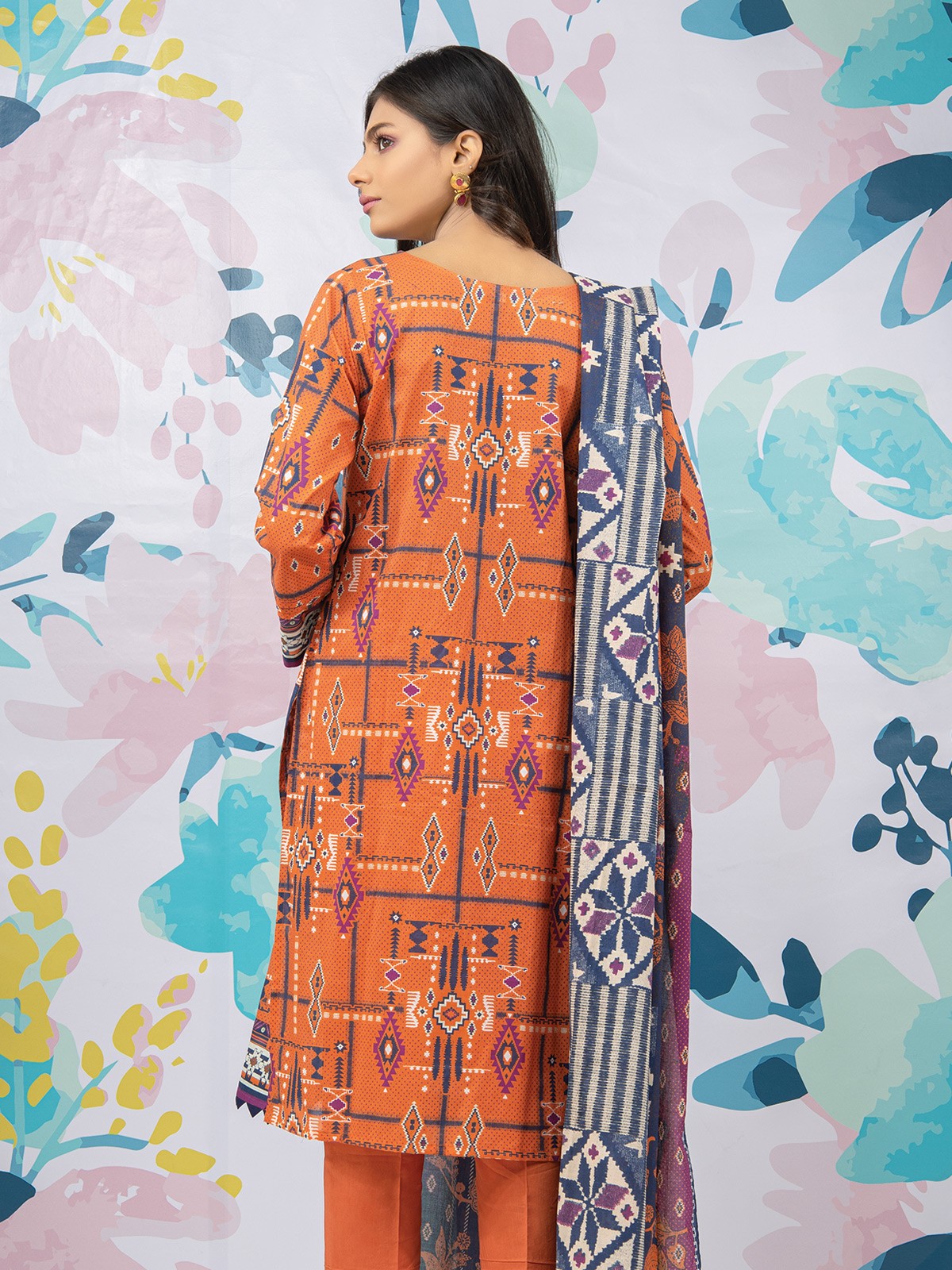 Edenrobe - EWU22A1-23453S Unstitched Orange Printed Lawn 1 Piece