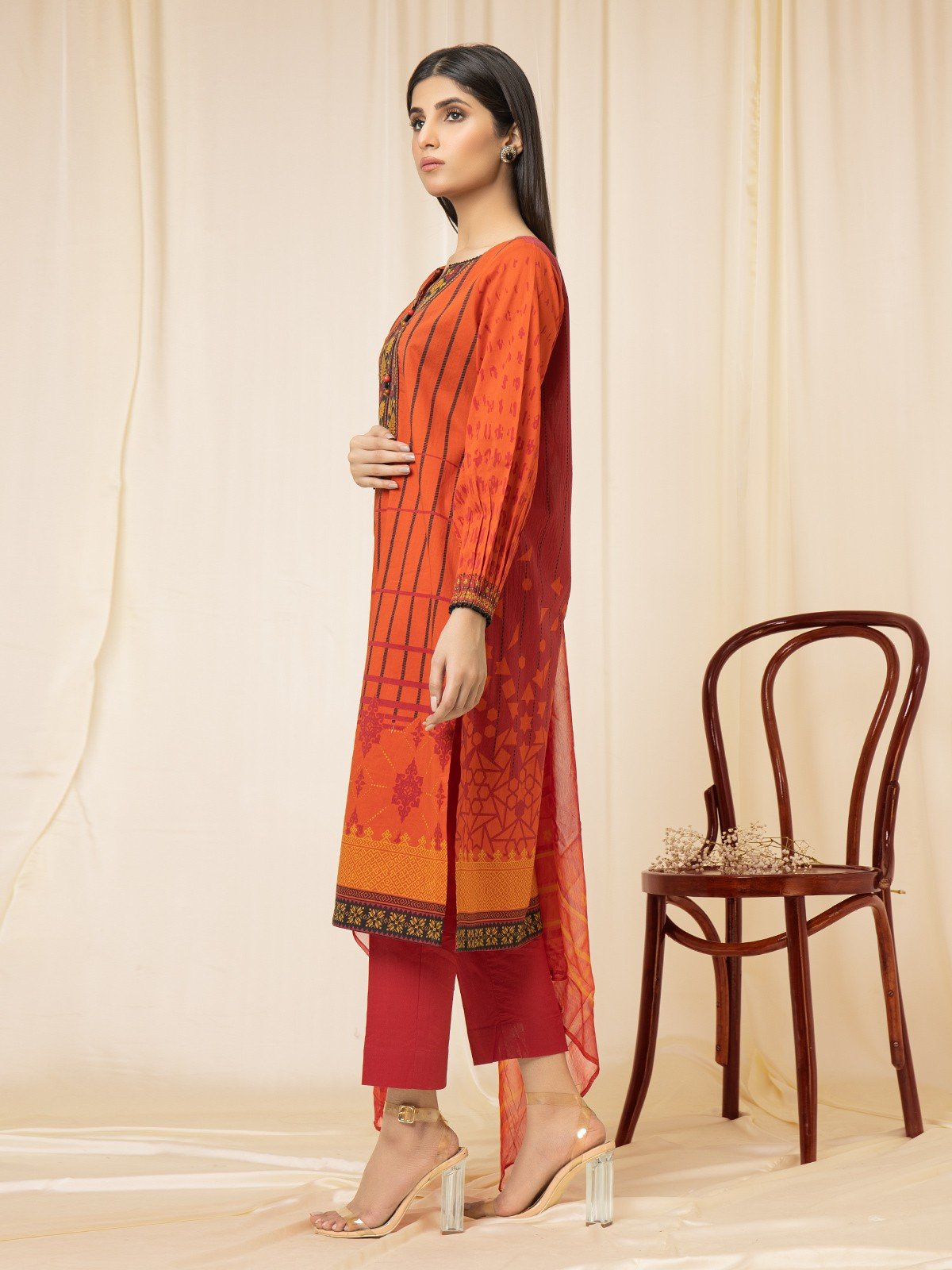 Edenrobe - EWU22A2-23493S Unstitched Orange Printed Lawn 1 Piece