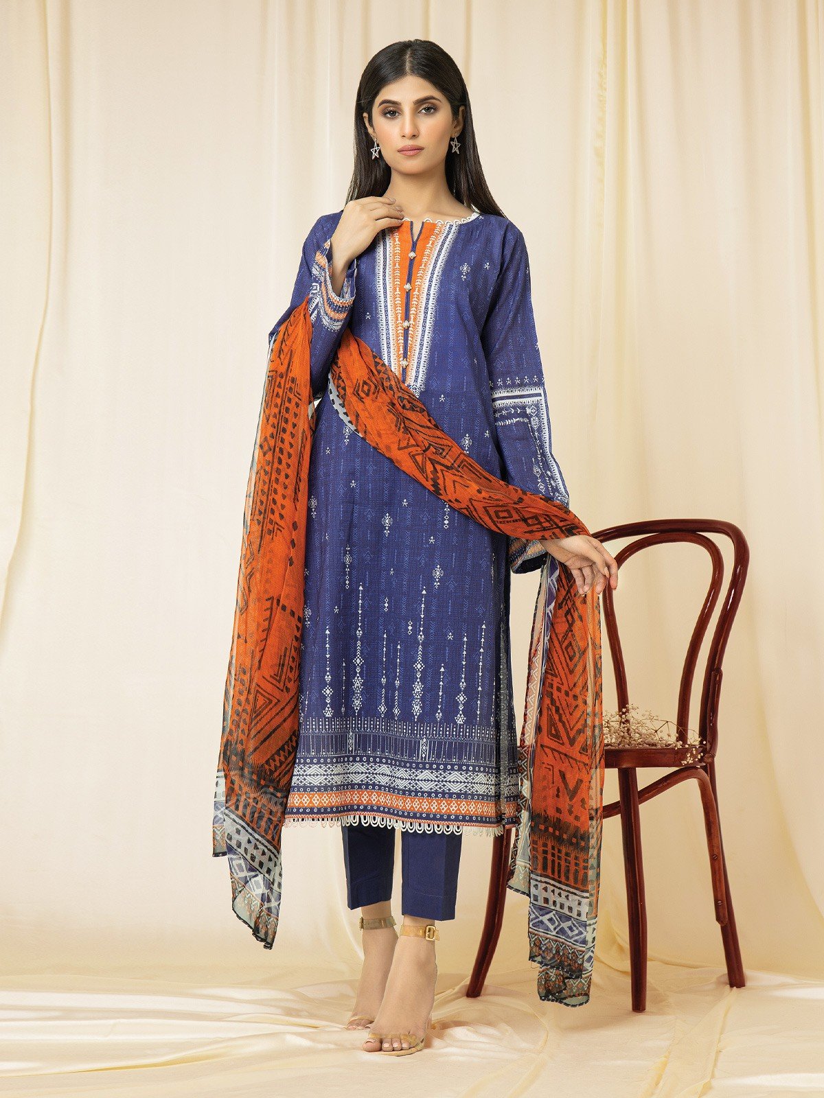 Edenrobe - EWU22A2-23499S Unstitched Blue Printed Lawn 1 Piece