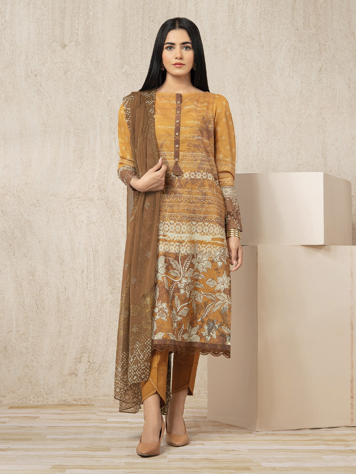 Edenrobe - EWU22A2-23503S Unstitched Rustic Brown Printed Lawn 1 Piece