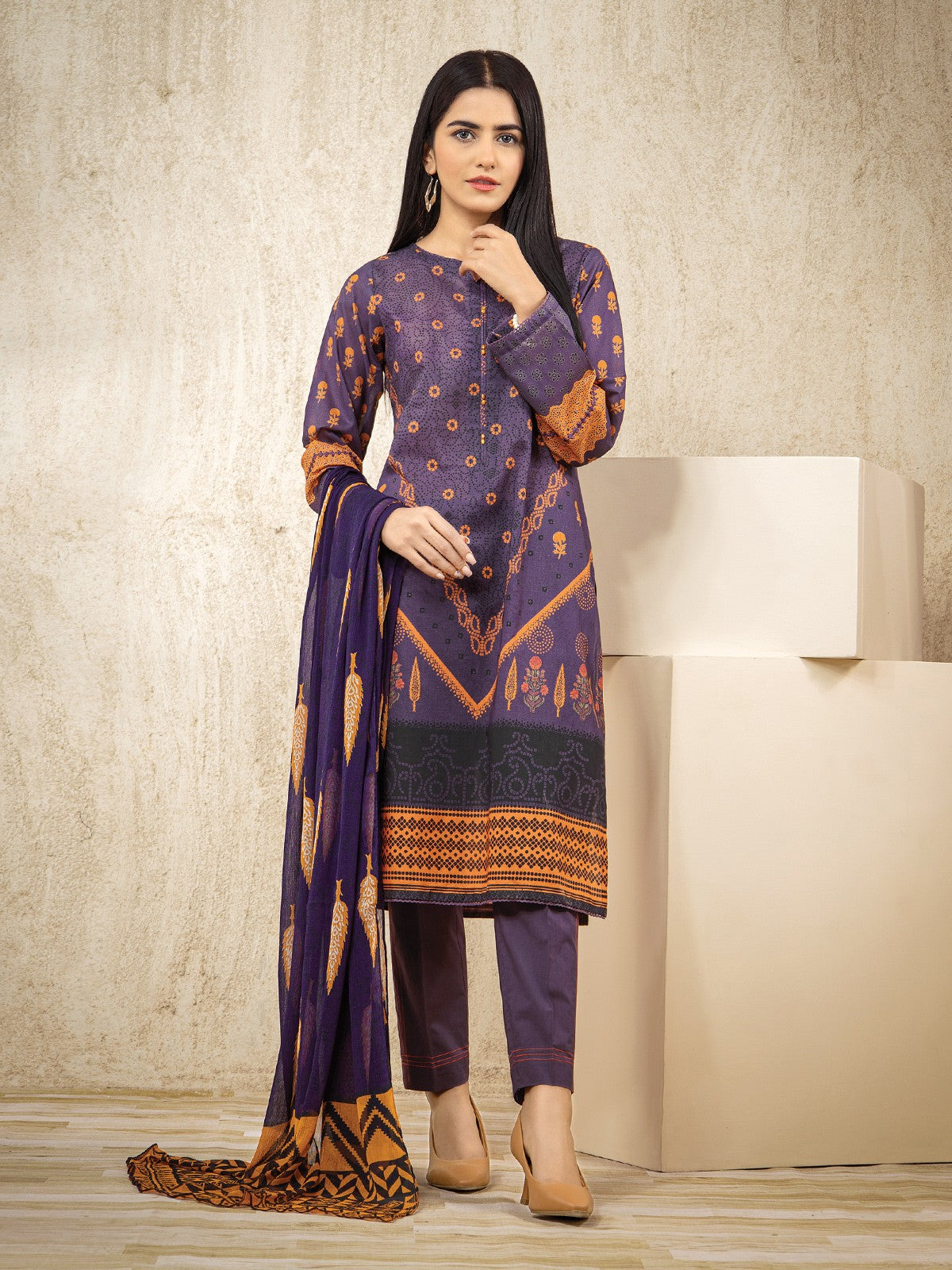 Edenrobe - EWU22A2-23513 Unstitched Plum Printed Lawn 3 Piece