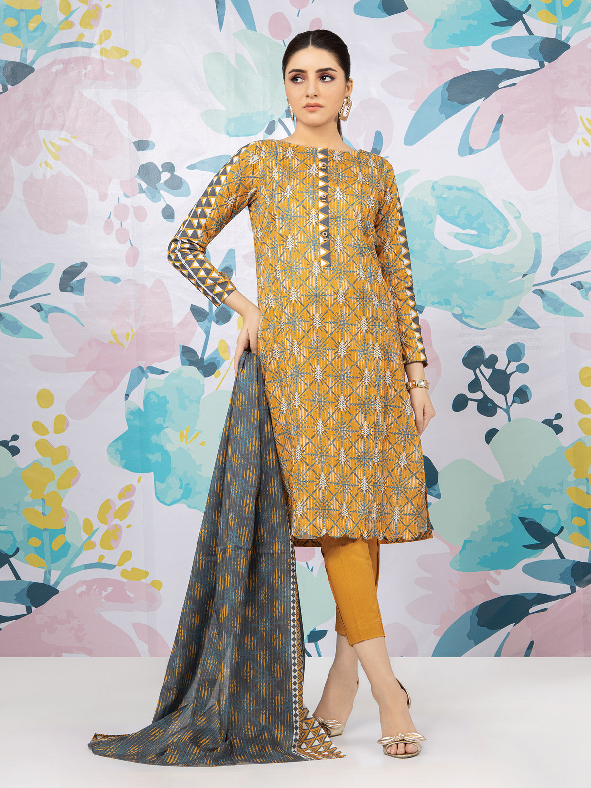 Edenrobe - EWU22A3-23426XXL Unstitched Mustard Printed Khaddar 3 Piece