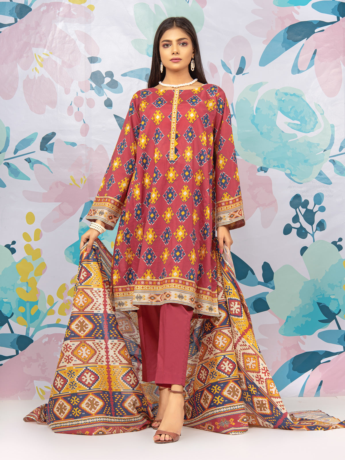 Edenrobe - EWU22A3-23439XXL Unstitched Peach Printed Khaddar 3 Piece