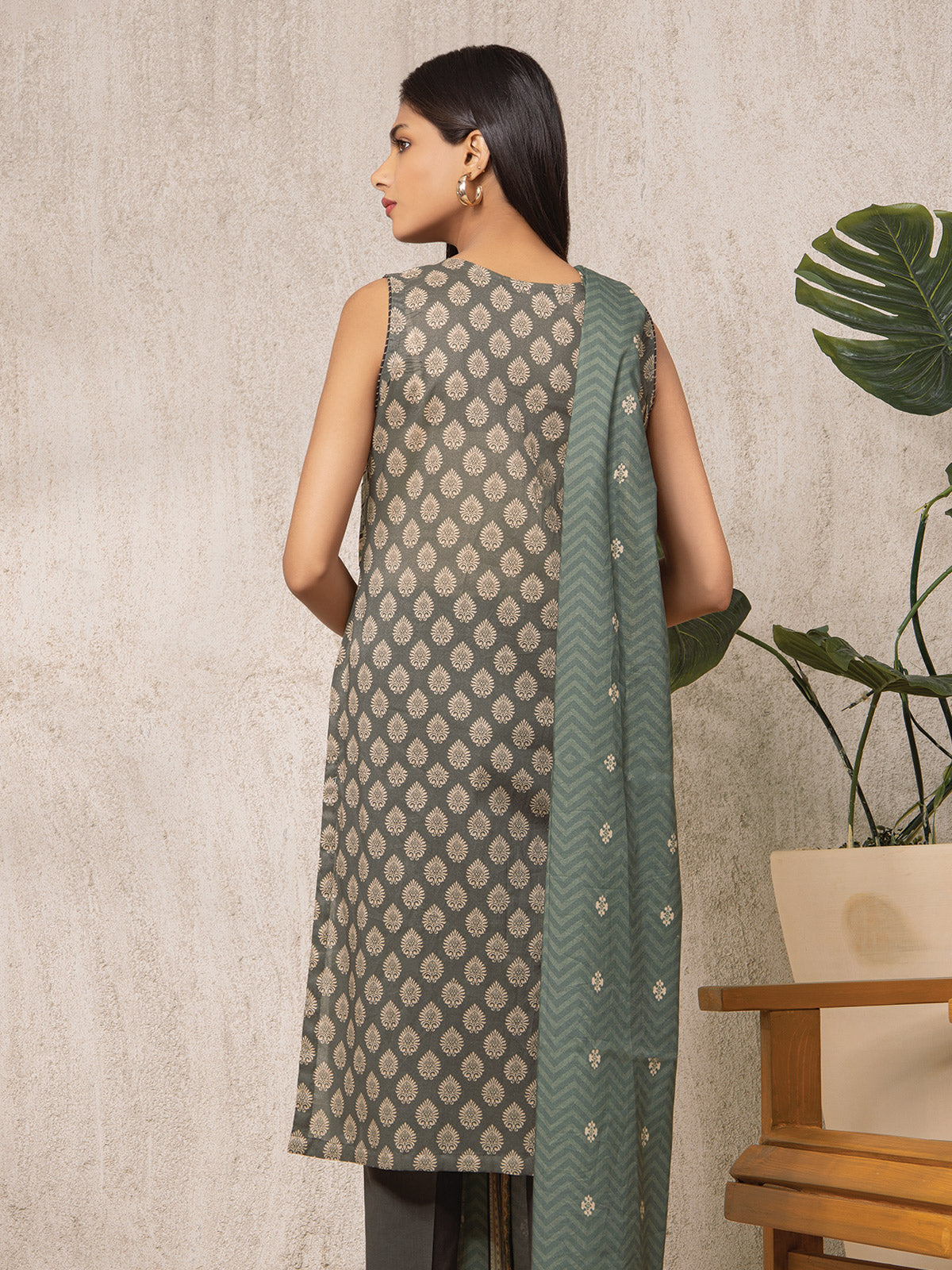 Edenrobe - EWU22A3-23459 Unstitched Dark Sage Printed Khaddar 3 Piece