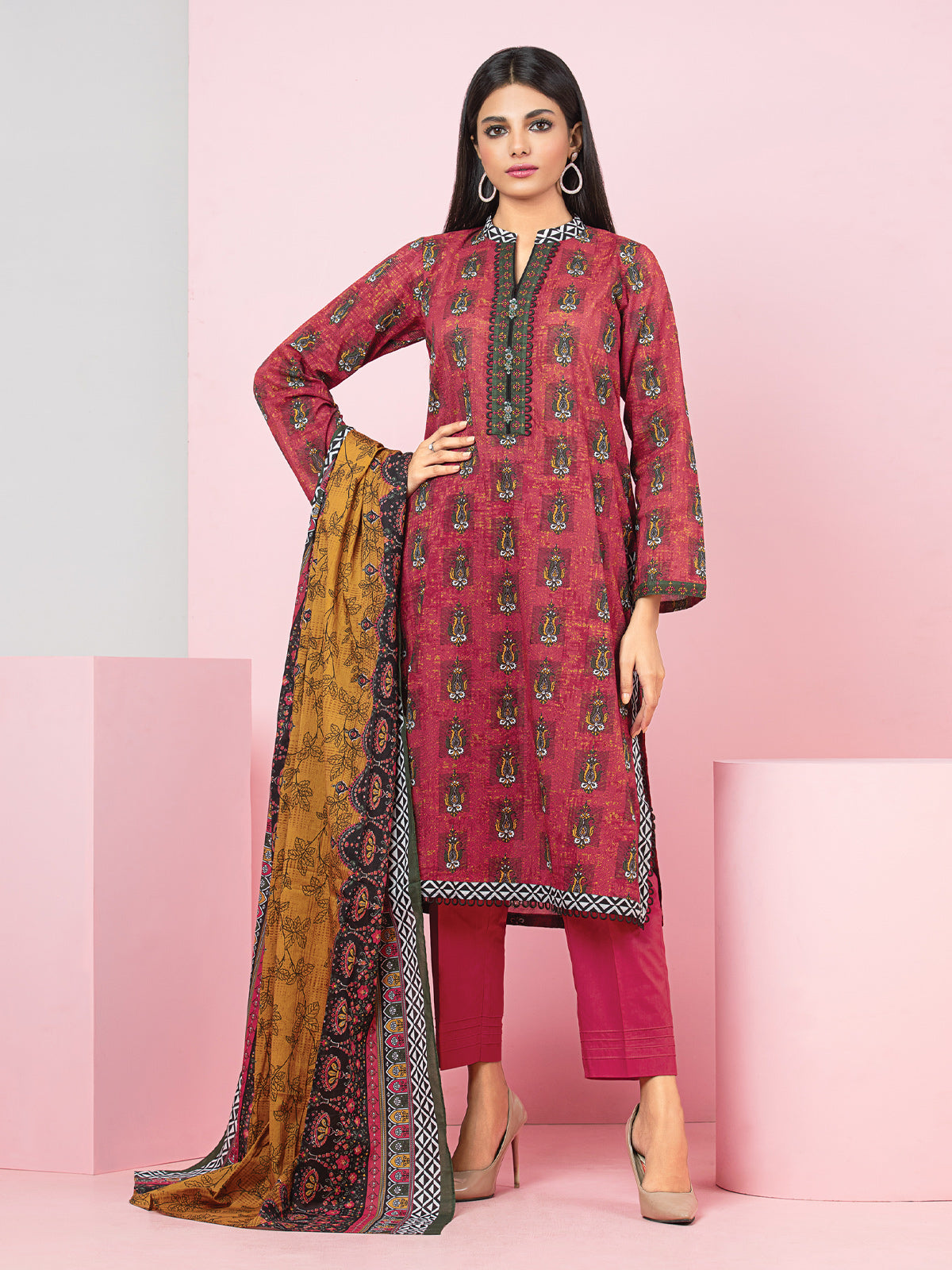 Edenrobe - EWU22A3-24240 Unstitched Maroon Printed Khaddar 3 Piece