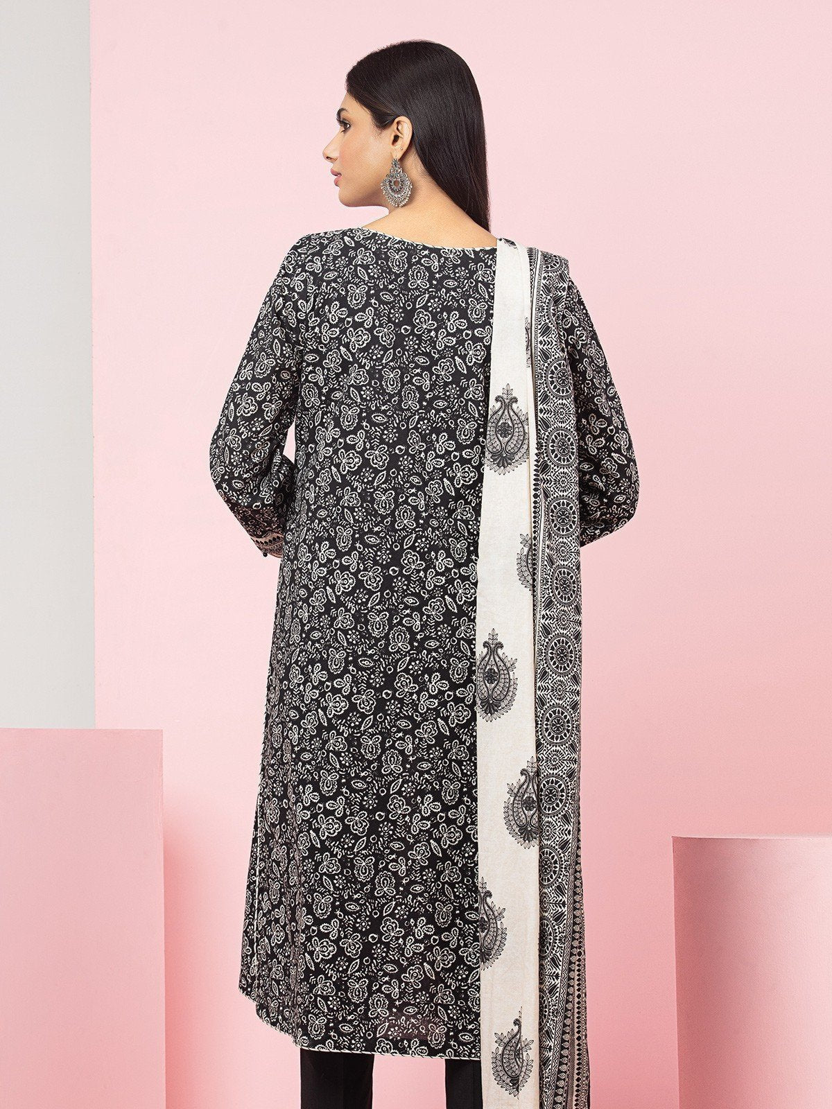Edenrobe - EWU22A3-24254ST Unstitched Black & White Printed Khaddar 2 Piece