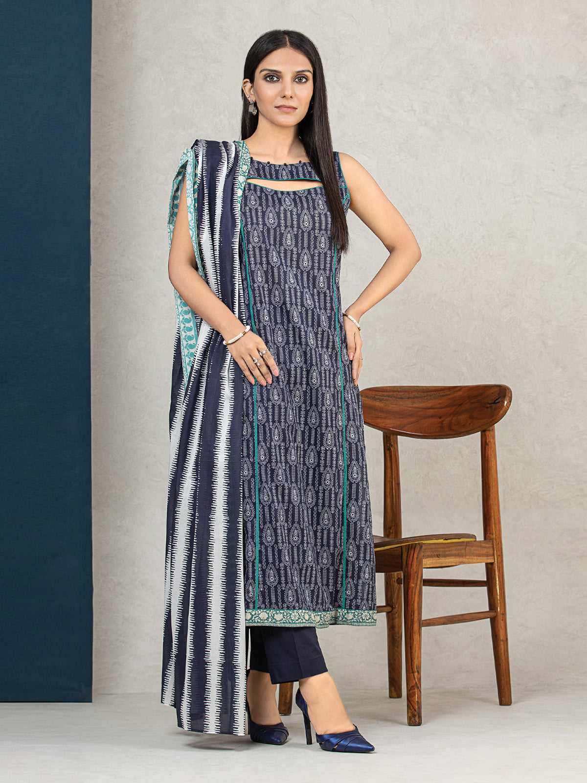 Edenrobe - EWU22A3-24257XXL Unstitched Navy Blue Printed Khaddar 3 Piece