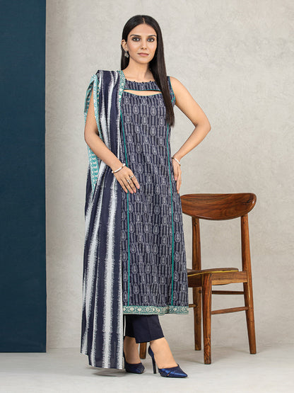 Edenrobe - EWU22A3-24257XXL Unstitched Navy Blue Printed Khaddar 3 Piece