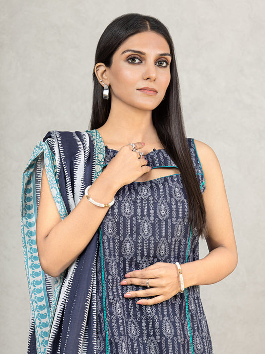 Edenrobe - EWU22A3-24257 Unstitched Navy Blue Printed Khaddar 3 Piece