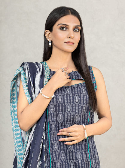 Edenrobe - EWU22A3-24257XXL Unstitched Navy Blue Printed Khaddar 3 Piece