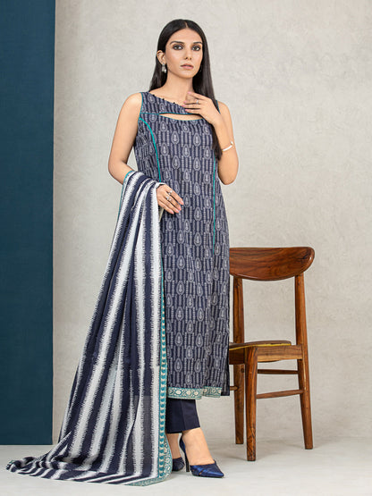 Edenrobe - EWU22A3-24257XXL Unstitched Navy Blue Printed Khaddar 3 Piece