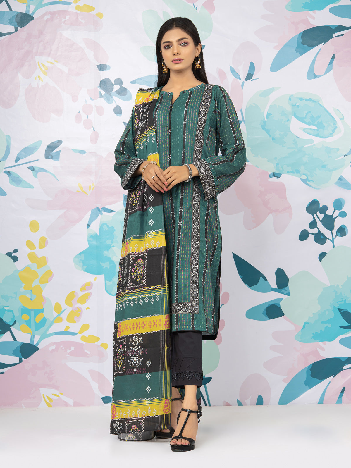 Edenrobe - EWU22A3-24262ST Unstitched Dark Teal Printed Khaddar 2 Piece