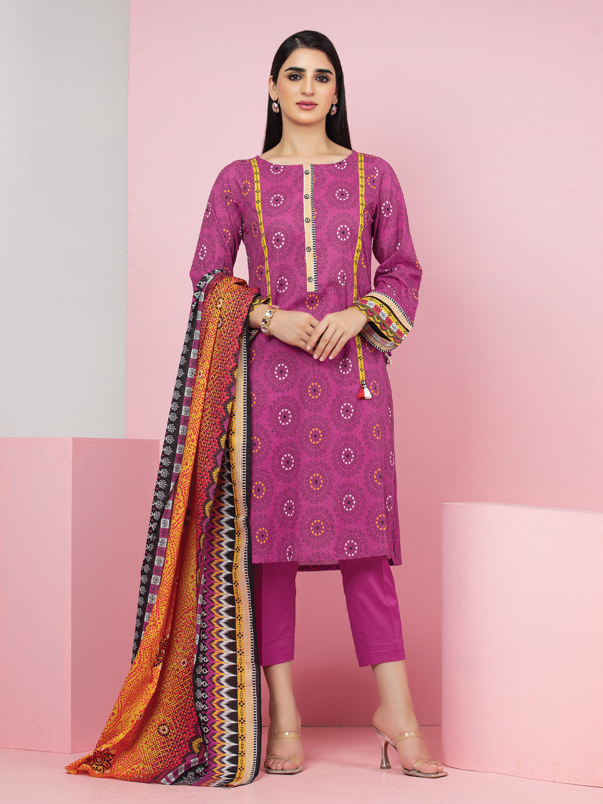 Edenrobe - EWU22A3-24280XXL Unstitched Pink Printed Khaddar 3 Piece
