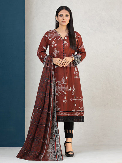 Edenrobe - EWU22A3-24282 Unstitched Brown Printed Khaddar 3 Piece