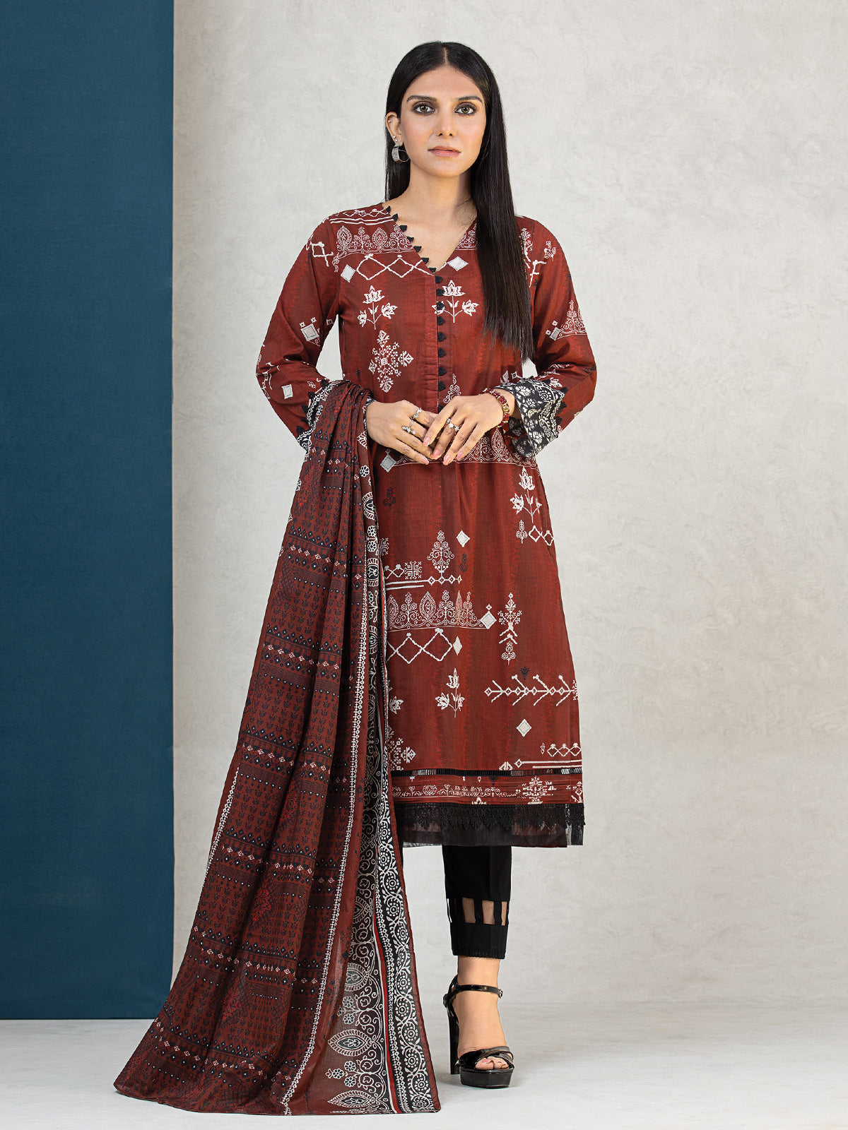Edenrobe - EWU22A3-24282XXL Unstitched Brown Printed Khaddar 3 Piece