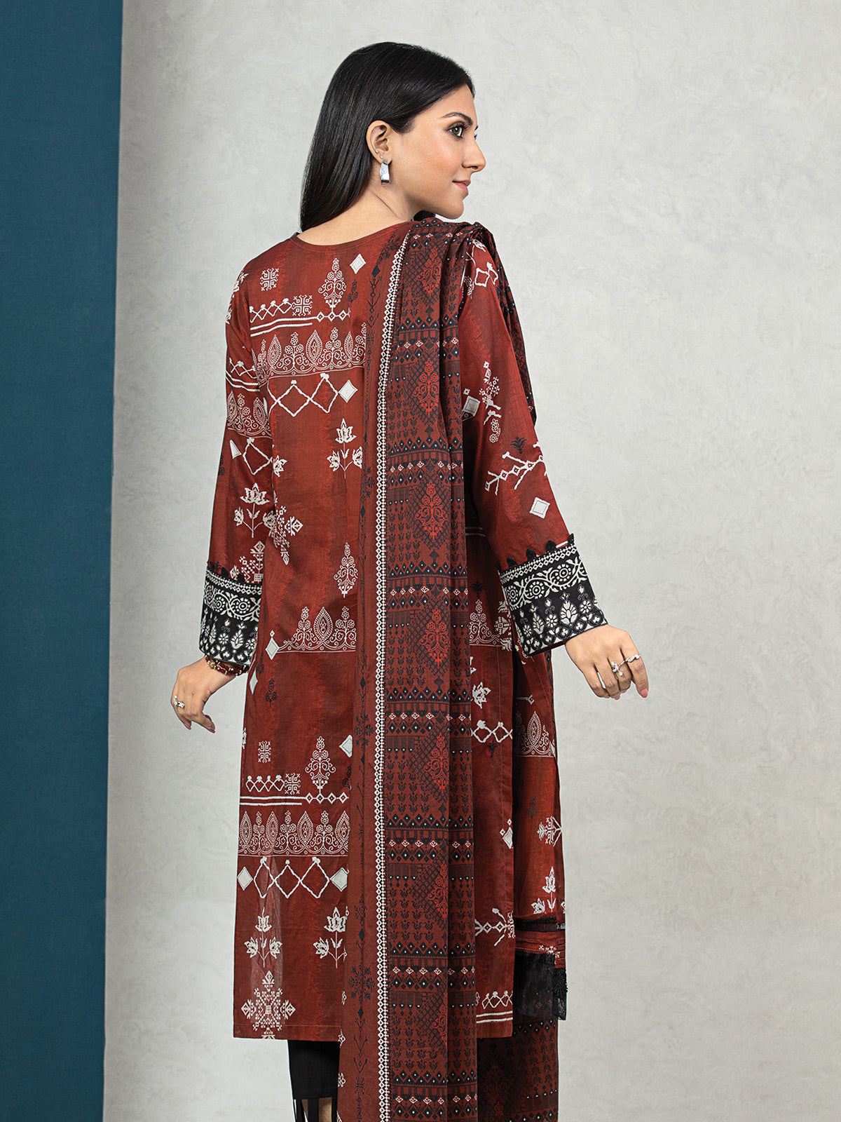 Edenrobe - EWU22A3-24282XXL Unstitched Brown Printed Khaddar 3 Piece