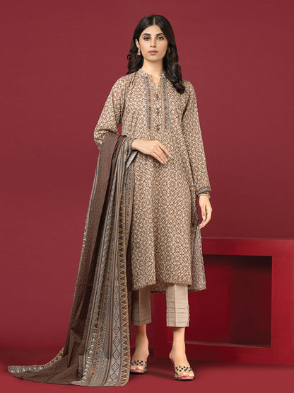 Edenrobe - EWU22A3-24414 Unstitched Coffee Printed Khaddar 3 Piece