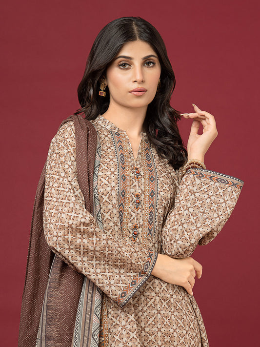 Edenrobe - EWU22A3-24414XXL Unstitched Coffee Printed Khaddar 3 Piece