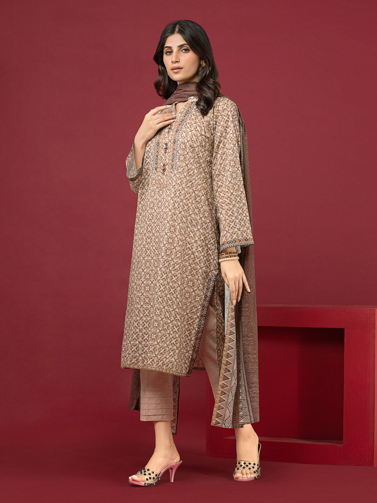 Edenrobe - EWU22A3-24414 Unstitched Coffee Printed Khaddar 3 Piece