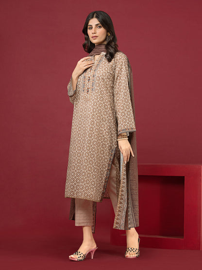 Edenrobe - EWU22A3-24414 Unstitched Coffee Printed Khaddar 3 Piece