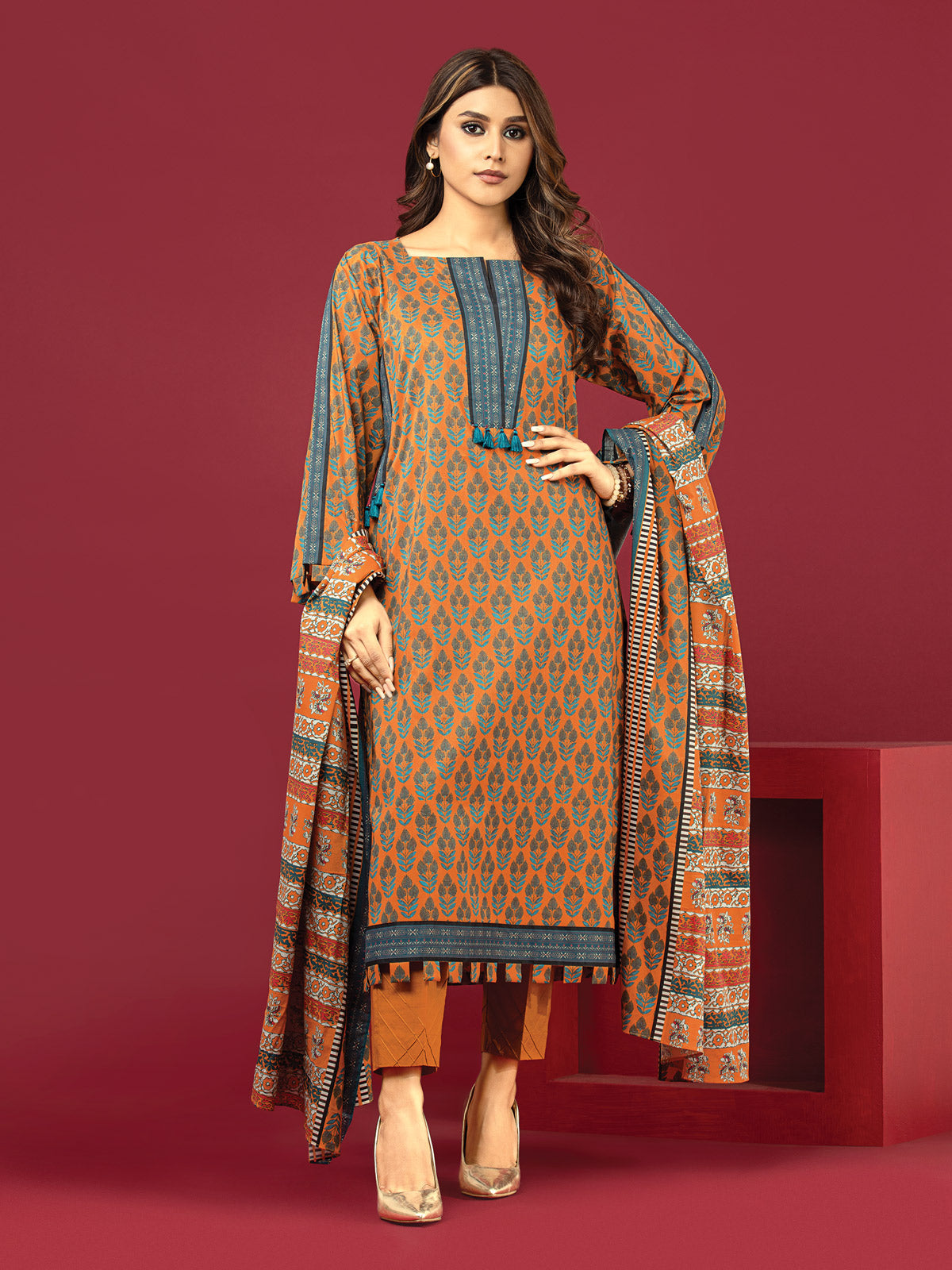 Edenrobe - EWU22A3-24417XXL Unstitched Orange Printed Khaddar 3 Piece