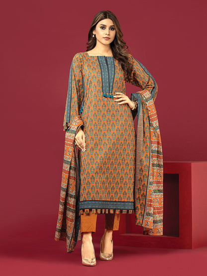 Edenrobe - EWU22A3-24417XXL Unstitched Orange Printed Khaddar 3 Piece