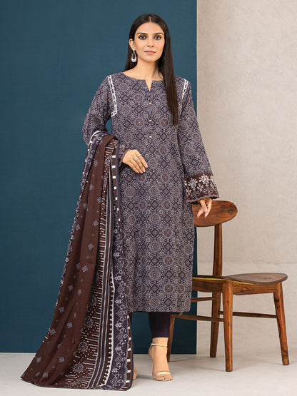 Edenrobe - EWU22A3-24459S Unstitched Dark Purple Printed Khaddar 1 Piece