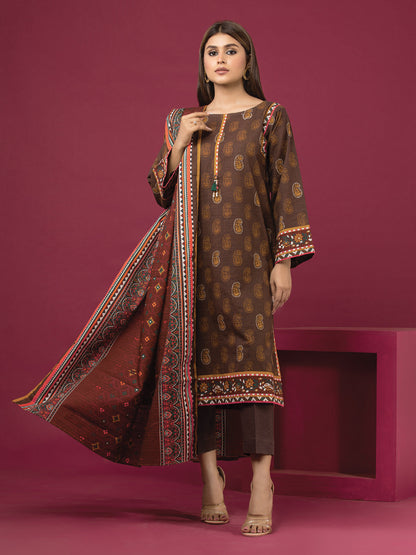 Edenrobe - EWU22A3-24464 Unstitched Brown Printed Khaddar 3 Piece