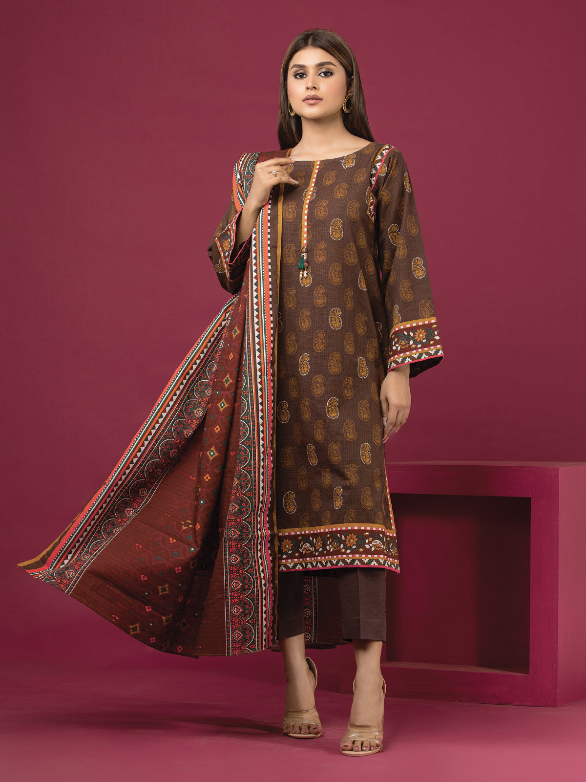 Edenrobe - EWU22A3-24464S Unstitched Brown Printed Khaddar 1 Piece