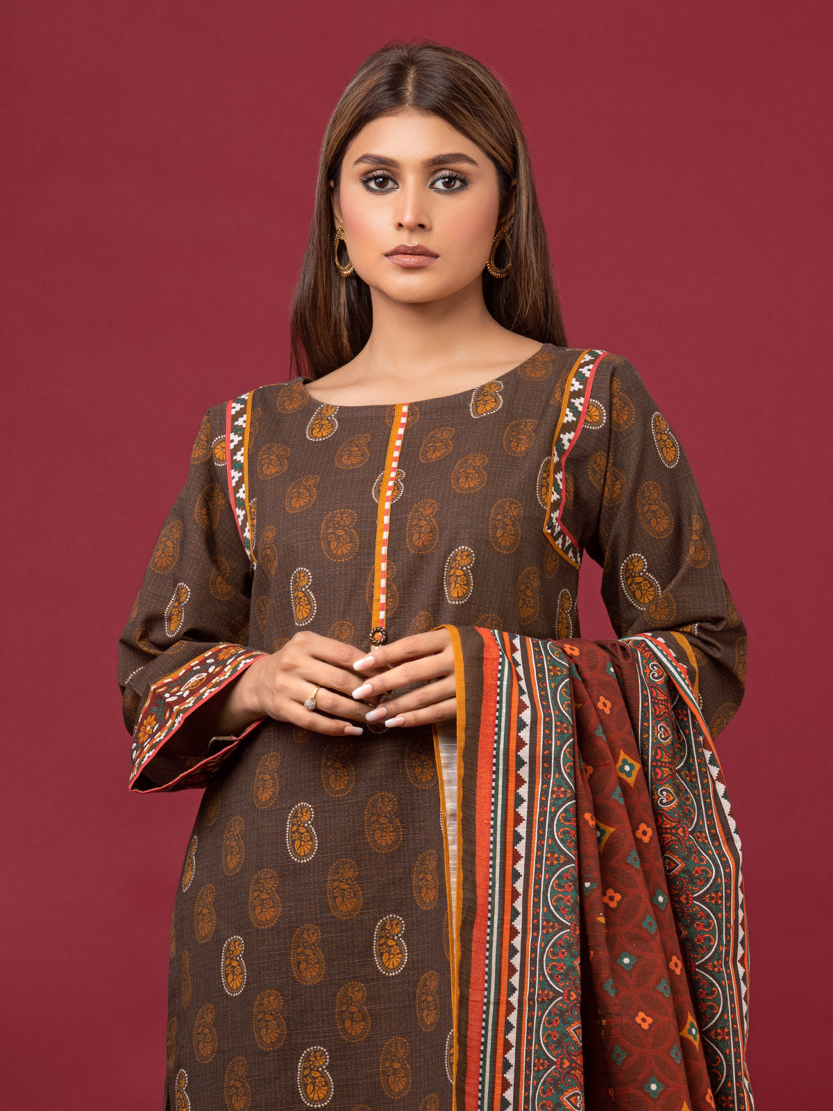 Edenrobe - EWU22A3-24464XXL Unstitched Brown Printed Khaddar 3 Piece