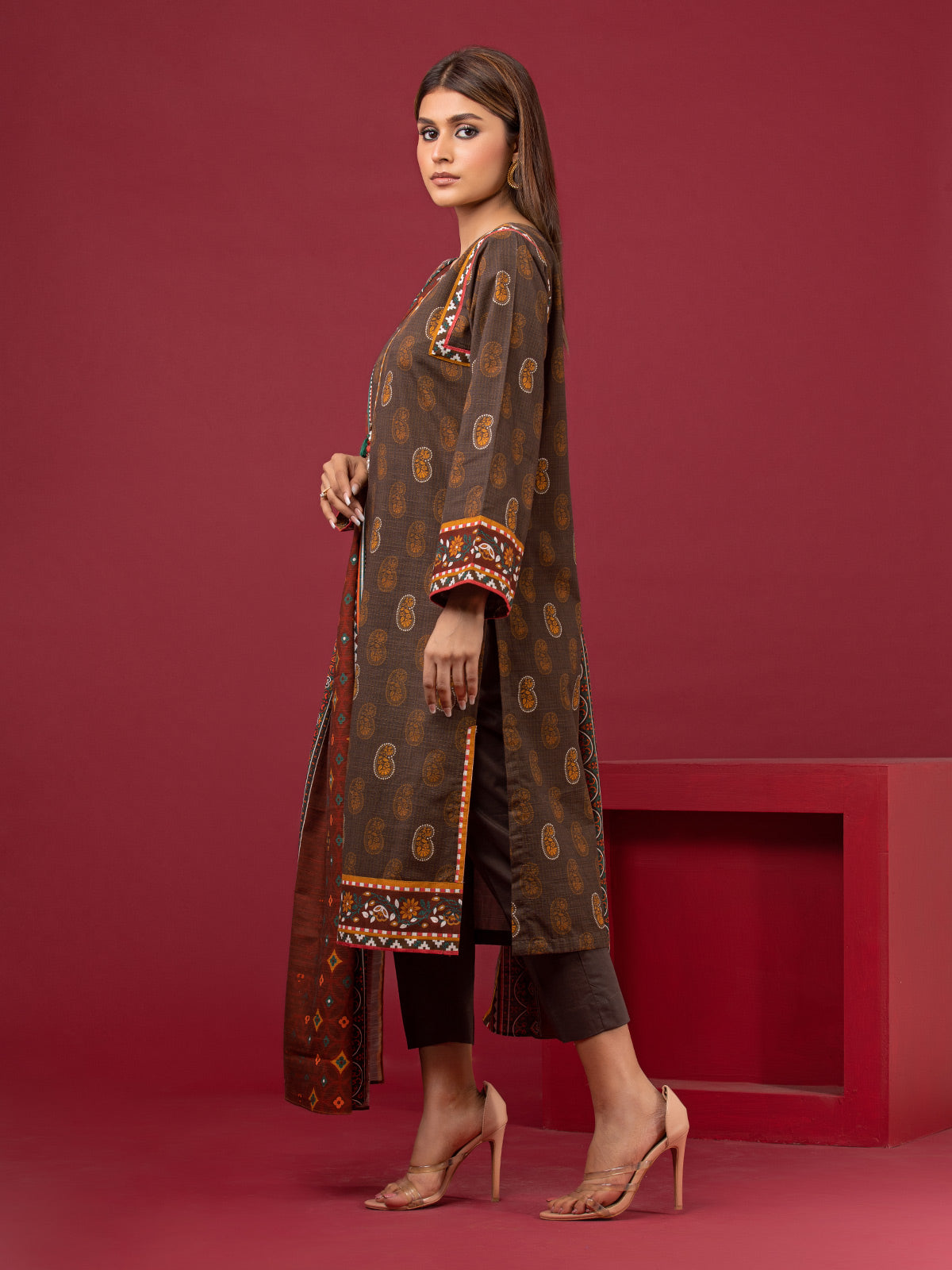Edenrobe - EWU22A3-24464 Unstitched Brown Printed Khaddar 3 Piece
