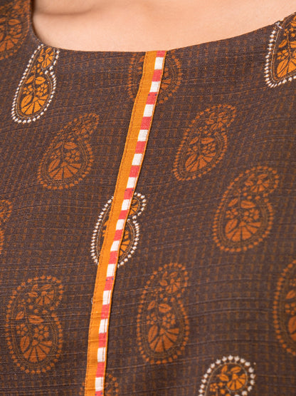 Edenrobe - EWU22A3-24464XXL Unstitched Brown Printed Khaddar 3 Piece