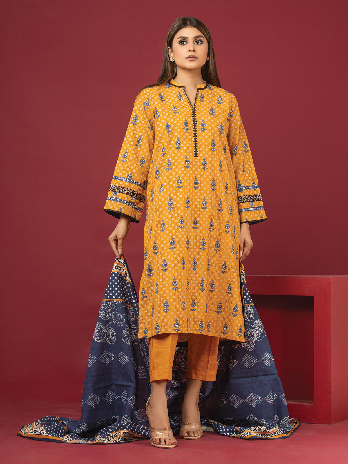 Edenrobe - EWU22A3-24465 Unstitched Yellow Printed Khaddar 3 Piece