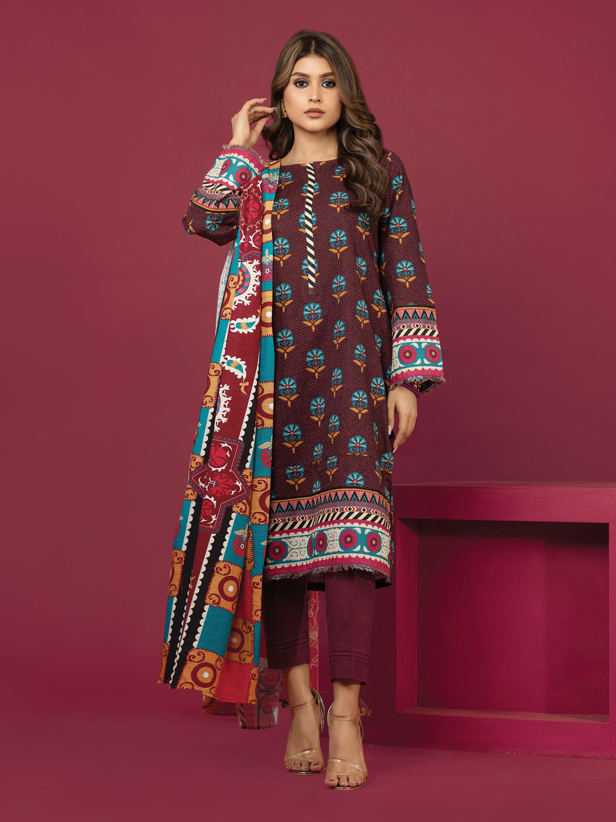 Edenrobe - EWU22A3-24467S Unstitched Dark Maroon Printed Khaddar 1 Piece