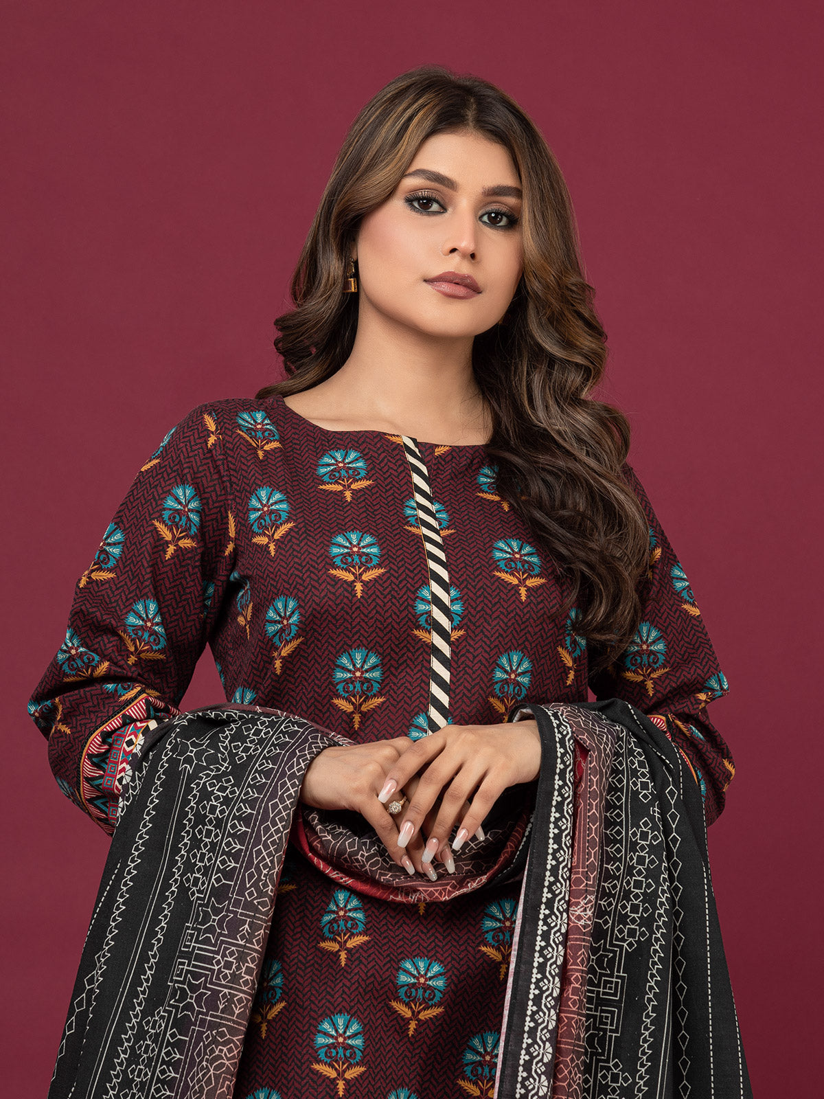 Edenrobe - EWU22A3-24467 Unstitched Dark Maroon Printed Khaddar 3 Piece